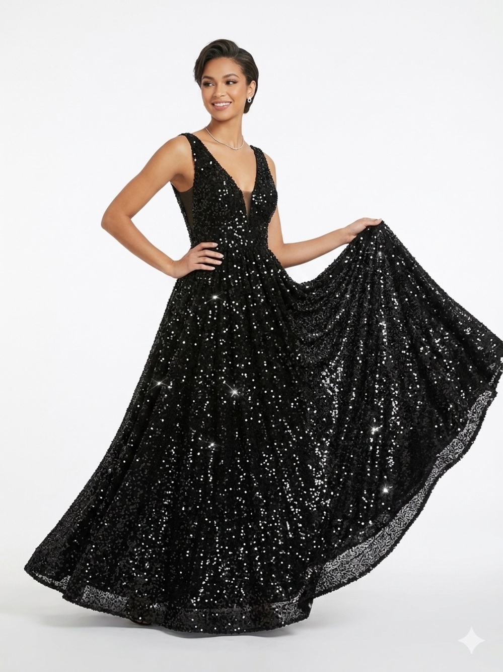 Elegant Black Sequin V-Neck Evening Gown